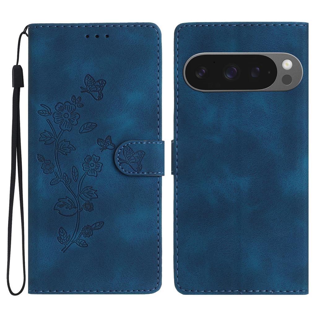 For Google Pixel 9 Pro XL Case Leather Imprinted Flower Phone Cover Wallet with Wrist Strap