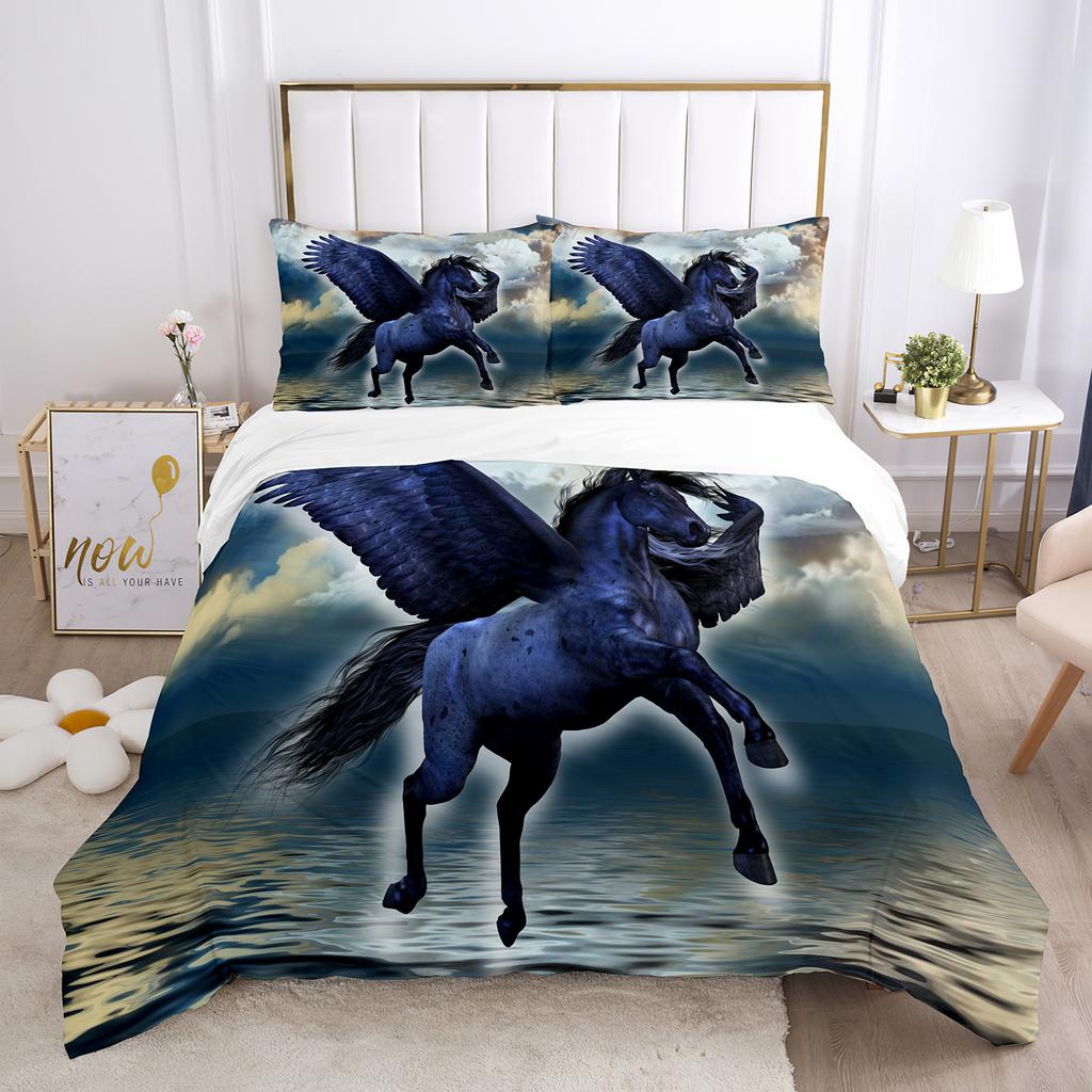 Einhorn-Bettbezug-Set, weißes Pferd mit Flügel, 3D-Druck, Kingsize, Polyester, Bettbezug für Kinder, Bettwäsche-Set mit Kissenbezug