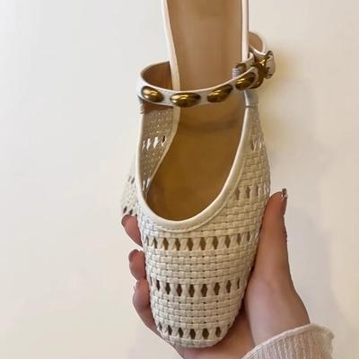 Soft Leather Version~ Gentle and Versatile Low-heeled Woven Toe Shoes Women's French Metal One-word Belt Hollowed-out Breathable Half-slippers