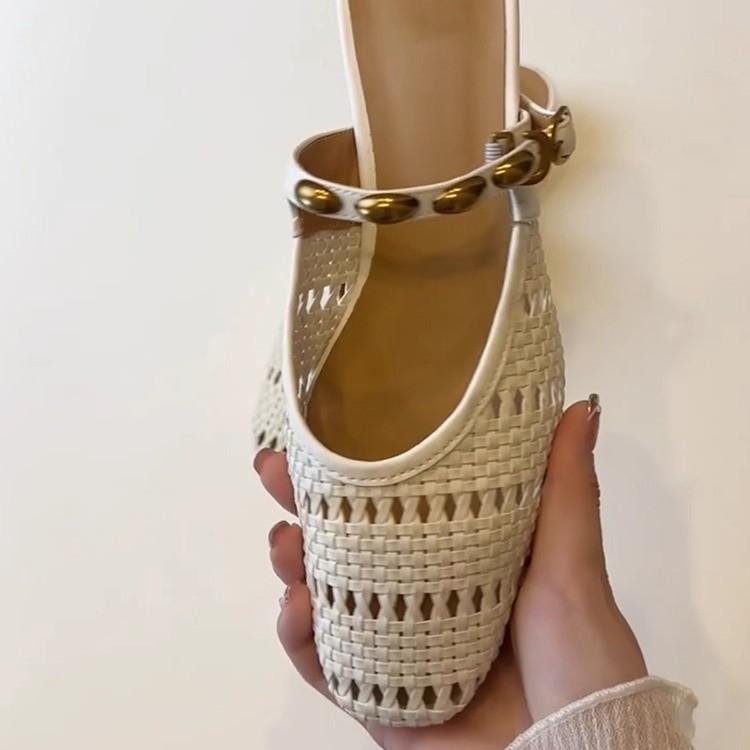 Soft leather version~ Gentle and versatile low-heeled woven toe shoes women's French metal one-word belt hollowed-out breathable half-slippers