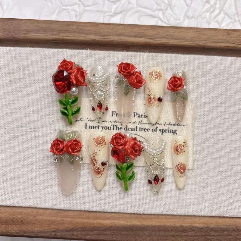 Handmade 3D Vintage Rose Press-On Nails Long Style 2026 New Design Women Girls
