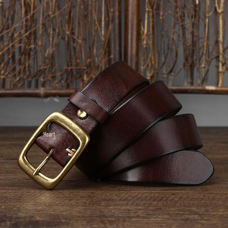 3.3CM Wide Vintage Washed Top Grain Leather Belt with Copper Buckle - Unisex, Korean Style Trend