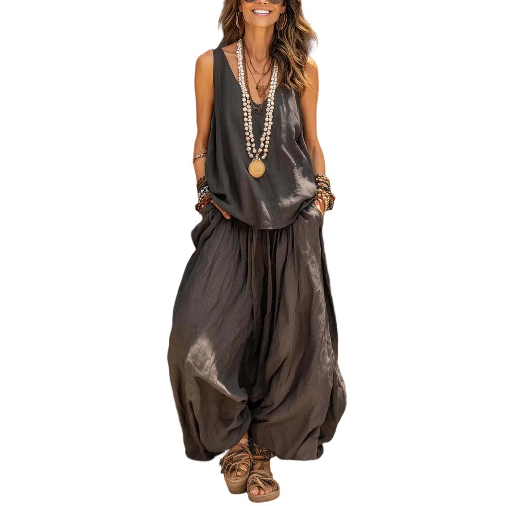Women's Ccasual Sleeveless Vest And Wide Leg Pants Cotton Linen Set