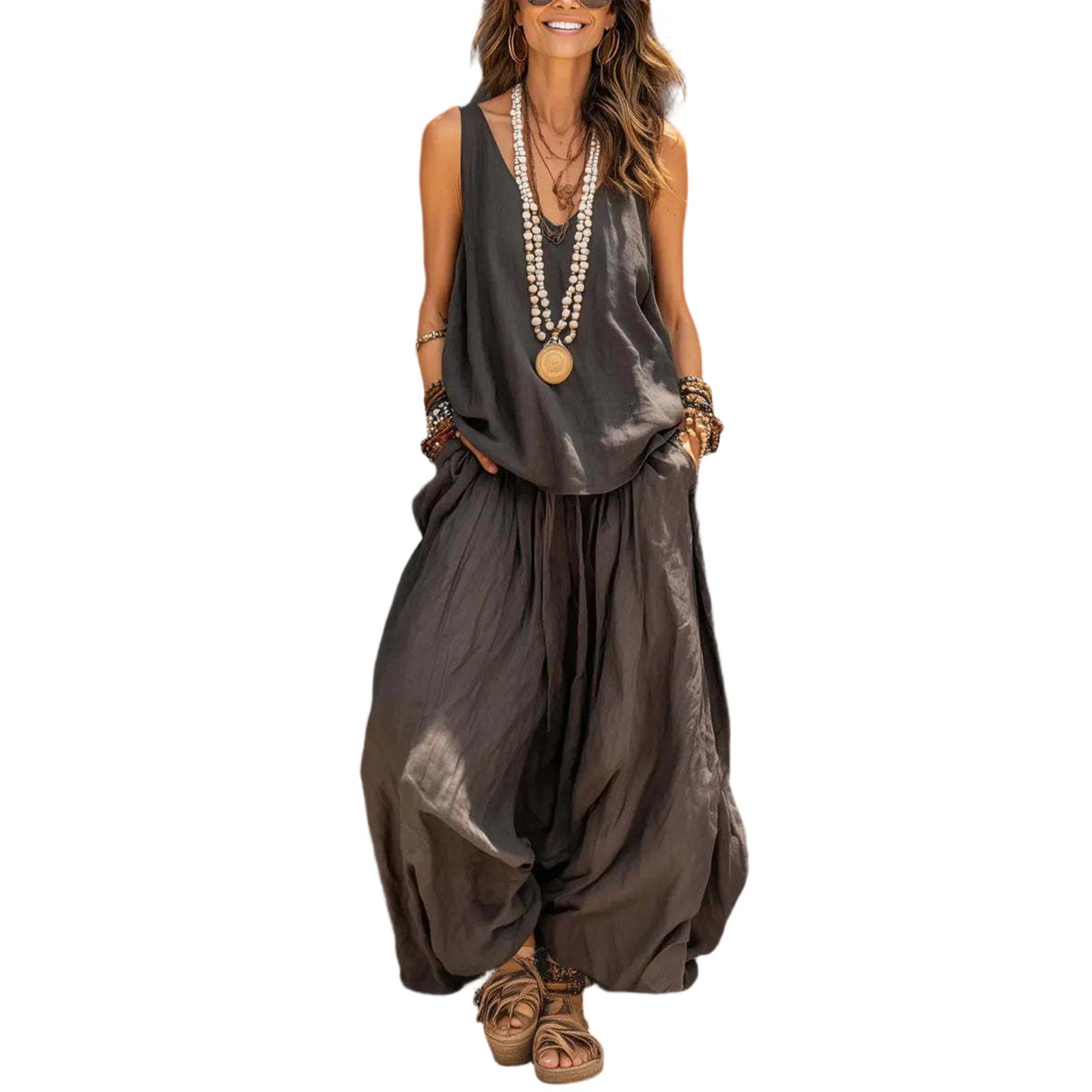 

Women s Ccasual Sleeveless Vest And Wide Leg Pants Cotton Linen Set M коричневий