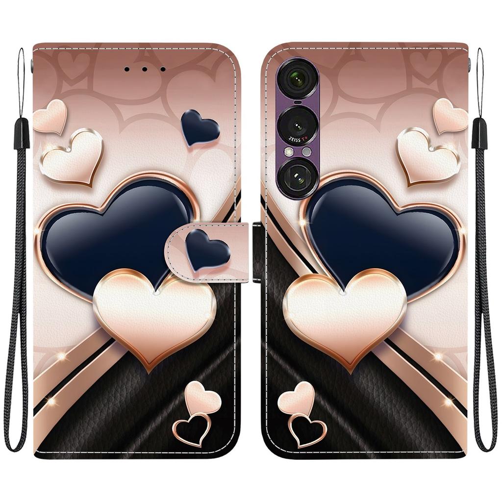 Handmade PU Leather Flip Case for Sony Xperia 1 VII Anti-Slip Shockproof Cover with Wrist Strap & Heart/Rose Cat Designs