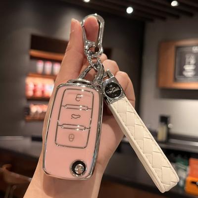 Car Key Case Cover Key Holder with Keychain for VW Volkswagen Jetta Beetle Tiguan Soft TPU Full Covers Protector Golf Passat GTI