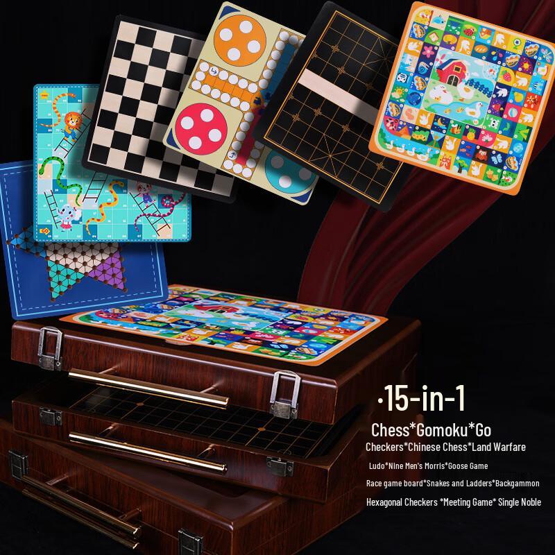 Portable Wooden 15-in-1 Board Game Set