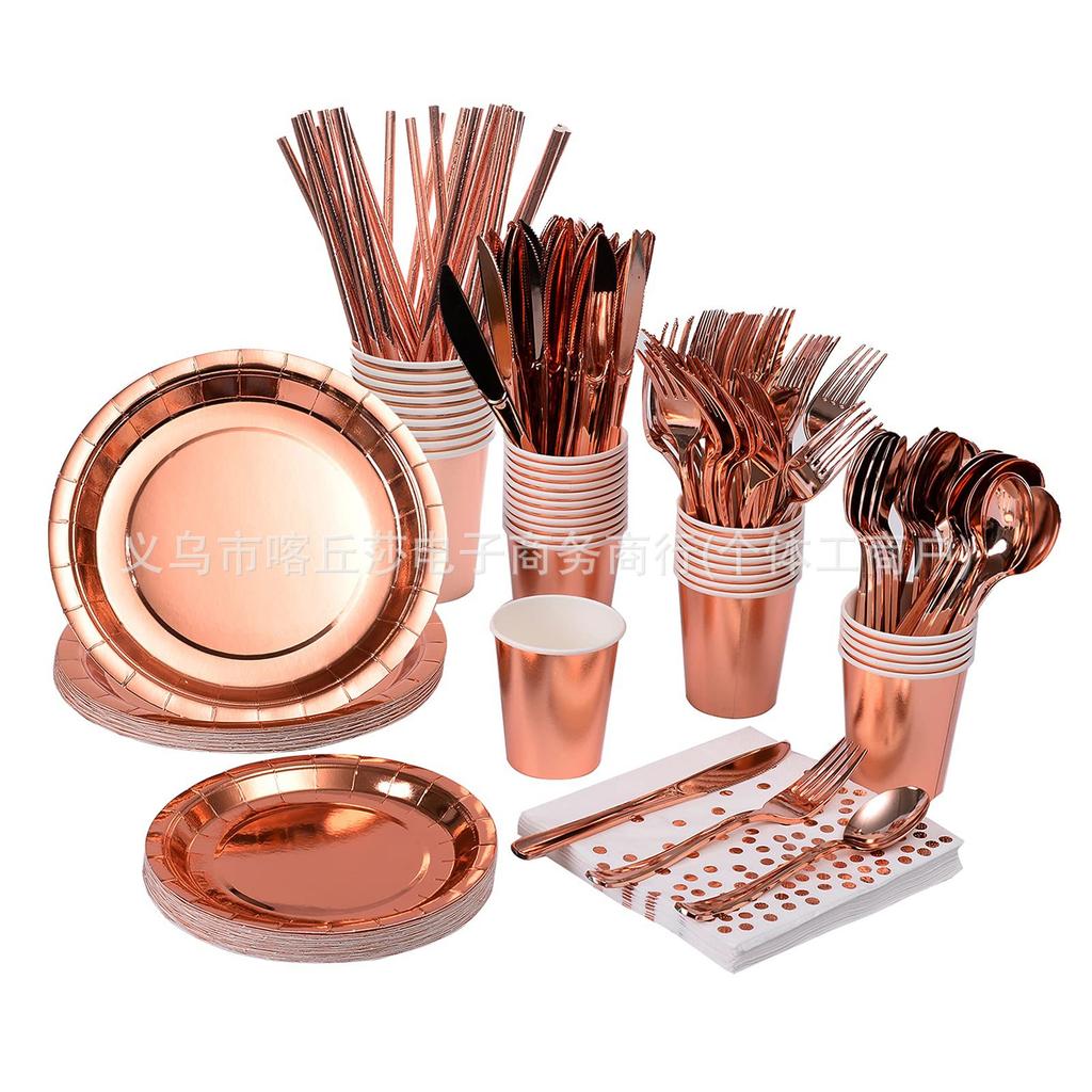 Disposable Rose Gold Bronzing Party Paper Plate Paper Cup Paper Towel Tablecloth Birthday Party Tableware Set
