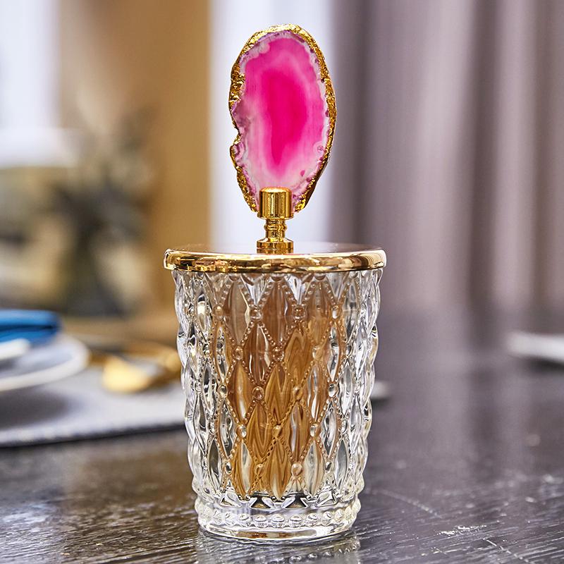 Glass Storage Jars Relief Tea Canister Candy Pot Natural Agate Stone Decorative Crystal Storage Jar with Cover Spice Organizer