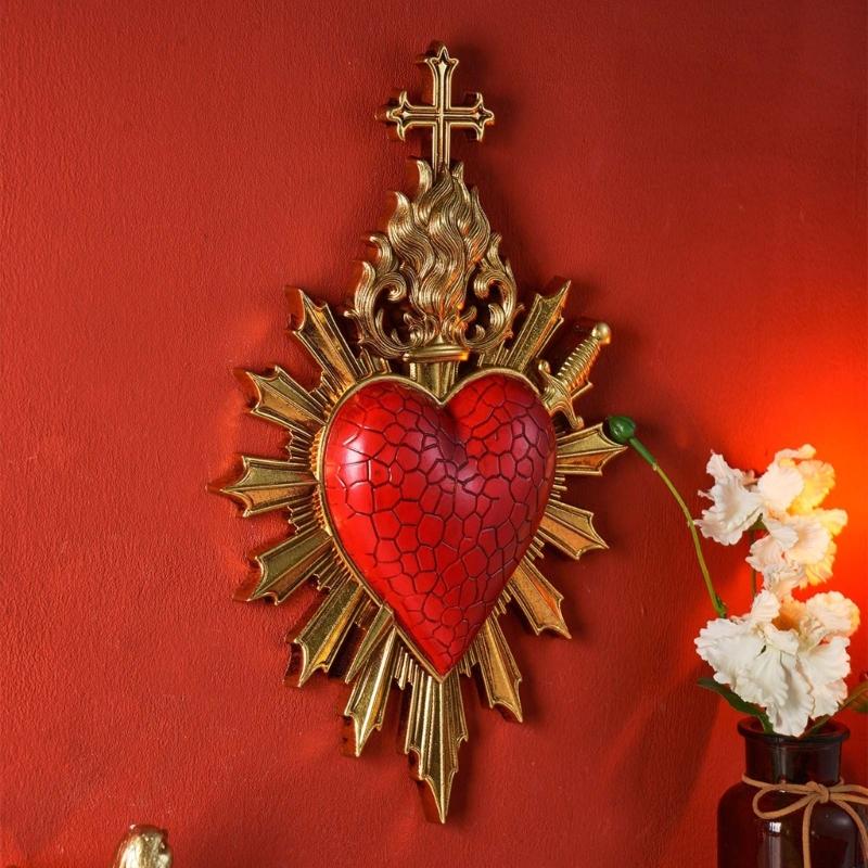 Sacred Hearts Resin Wall Decors Plaque, Heart of Jesuses Hanging Sculpture, Christian Religious Wall Art Ornament for Entryway or Bathroom Wall