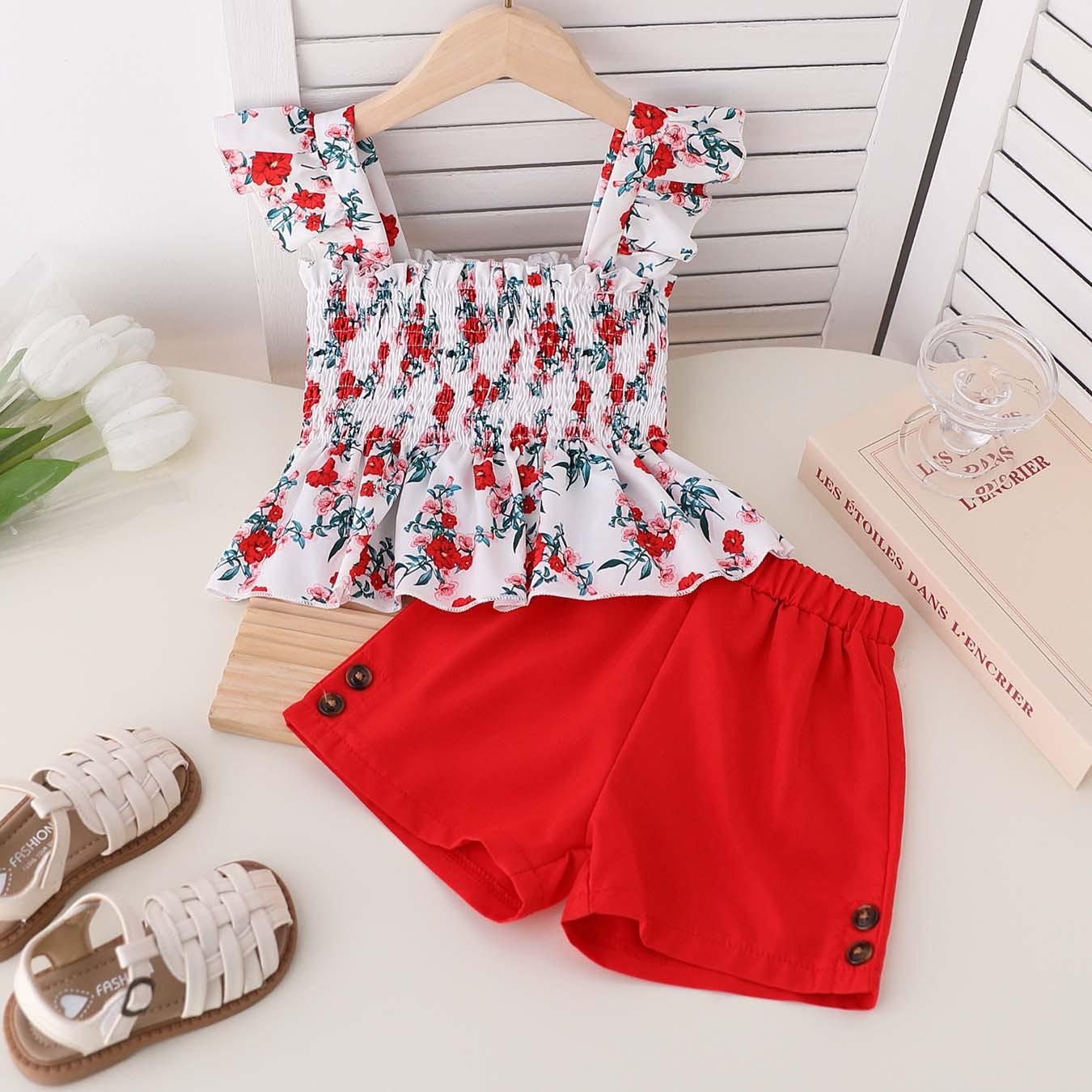 

Girls Summer Beach Set 4-7Y Red Flower Print Camisole Top and Solid Color Shorts 2 Piece Outfit 7Y червоний