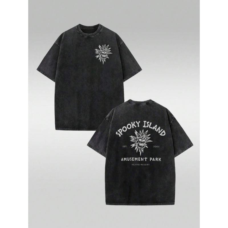230Gspooky Island Washed Pure Cotton Shirt, Retro M чёрный