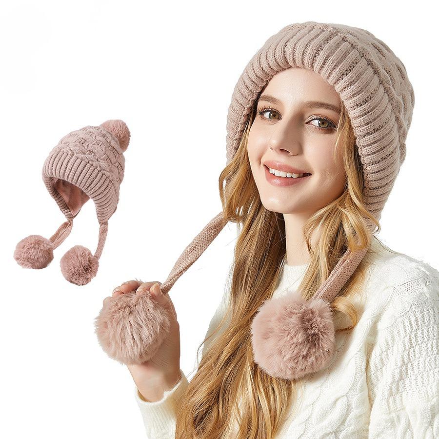 Plaid Three Ball Thickened Rabbit Fur Hat Women's Winter Velvet Outdoor Warm Hairball Knitted Hat