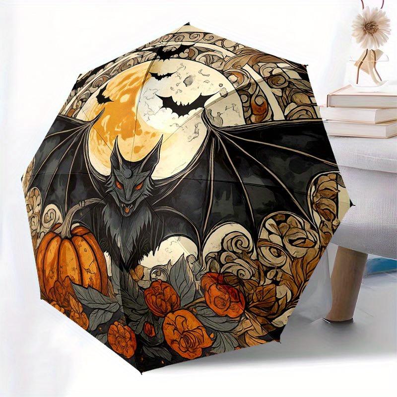 Halloween Bat and Pumpkin Decorative Sticker Umbrella, Cute Umbrella with Cute Design, Portable 3-Fold Compact Umbrella for Men & Women, Valentine's D