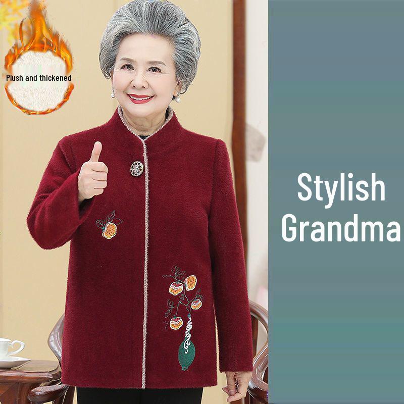 Grandma Style Mink Velvet Coat: Thickened Autumn-Winter Wear for Women Aged 60-70
