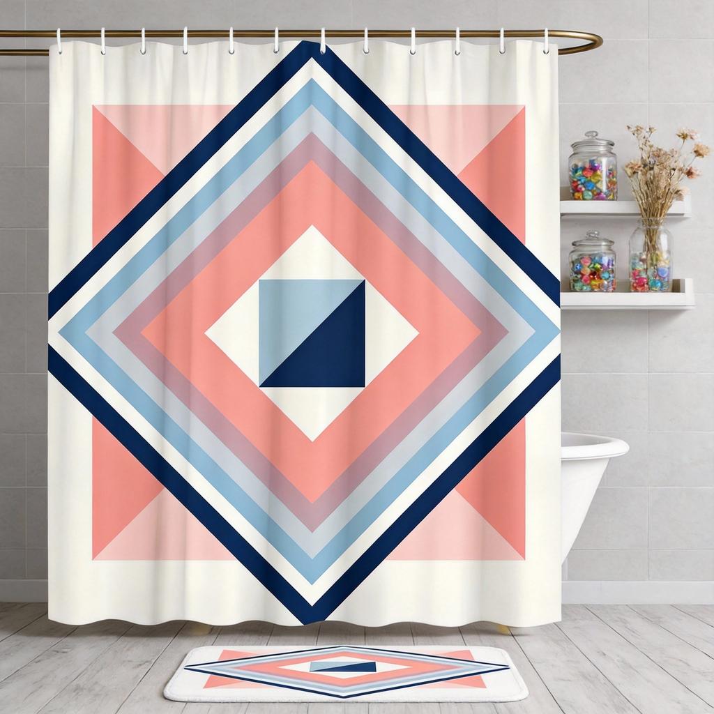Color Block Plaid Shower Curtain Navy, Coral & Beige Grid Design, Modern Minimalist Pattern for Contemporary Bathroom Decor
