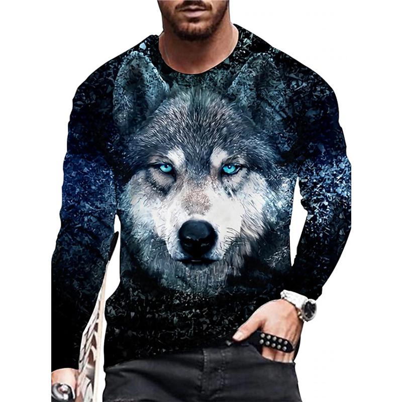 Men Long Sleeve Crewneck Print Fierce Animal Pattern Y2K Fashion Men's Shirt Long Sleeve Street Retro Style Men's Wear