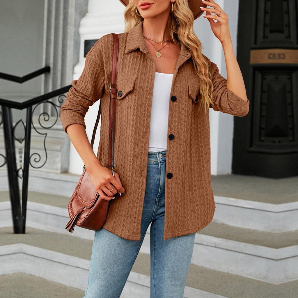 Women's Fashion Casual Solid Color Chest Pocket Button Long Sleeve Cardigan Top Coat