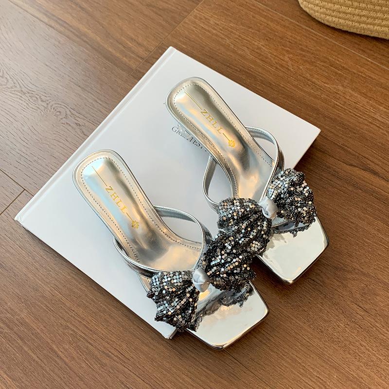 High heels women's cool slippers summer wear crystal sandals thick heel widened large size women's shoes