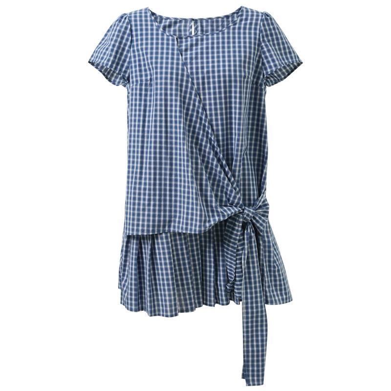 Sancai 2026 Summer 100% Cotton Plaid A-line Pleated Dress M