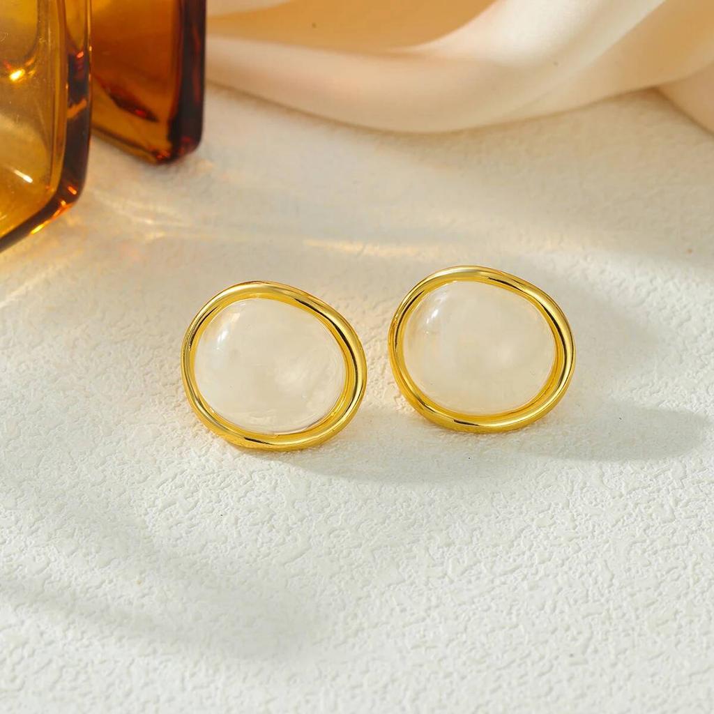 Salircon 5 Colors Classic Retro Stainless Steel Geometric Stud Earrings Boho Trendy 18K Gold Plated Inlaid Resin Earring Jewelry