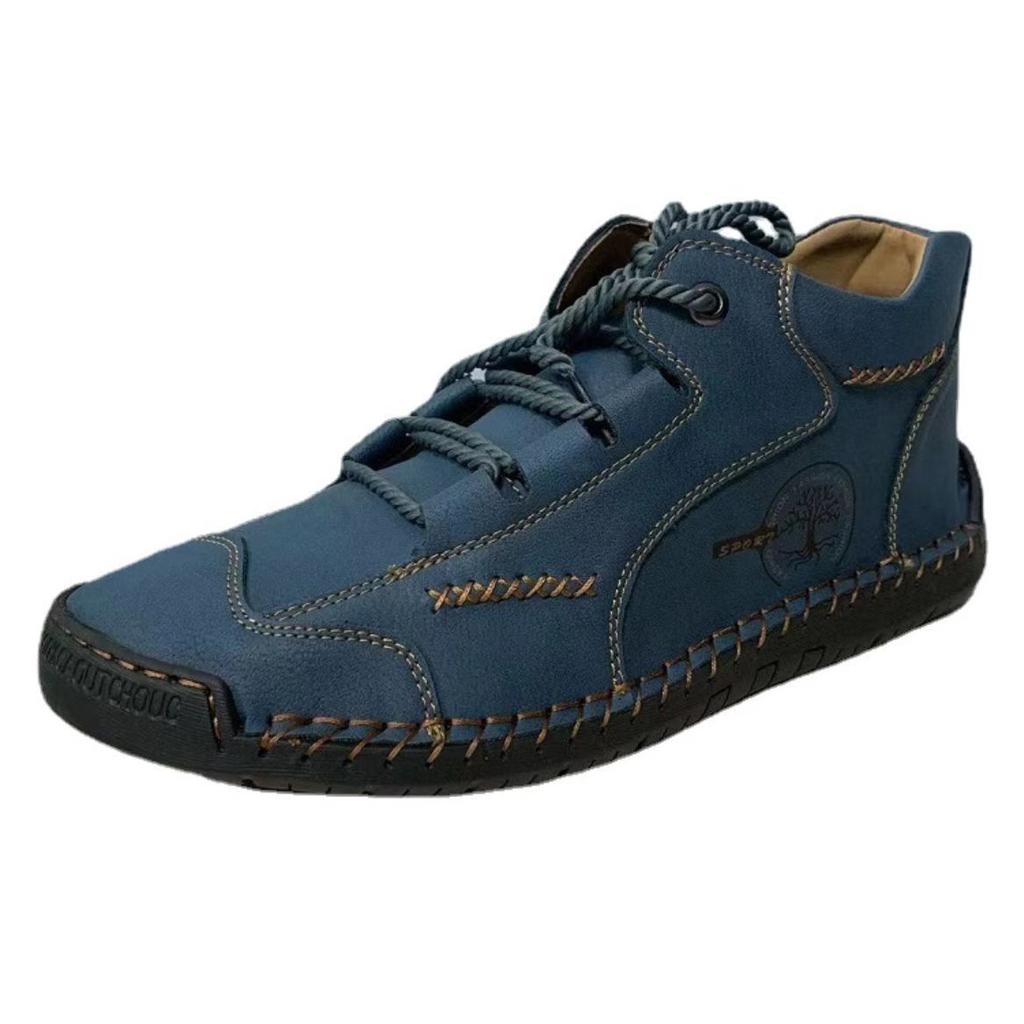 Men's Shoes Short Boots Autumn Sewn Leather Boots High Top Leather Flat-soled Outdoor Workwear and Casual Shoes Large-size Board Shoes