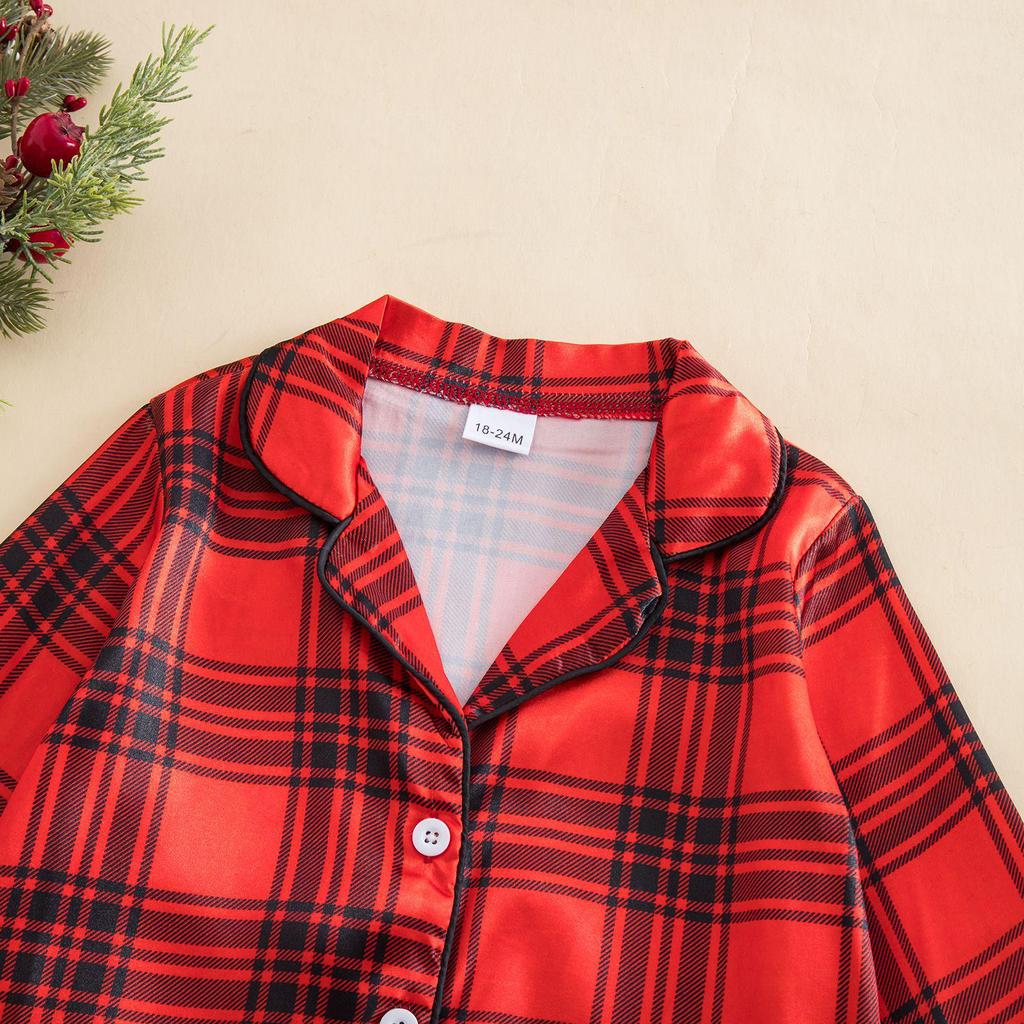 2025 Christmas Plaid Pajama Set for Family: Cartoon Lapel Top + Pants Two-Piece Set for Men, Women, and Children
