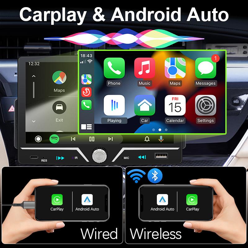 Hippcron 7" Car Radio Wireless/Wire Carplay Android Auto 1Din HD Touch Screen Bluetooth U-disk Type-C Support Rearview Camera
