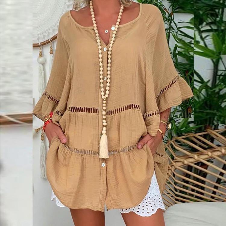 

Plus Size Women Oversized Cotton Blouse Loose Solid Color Ruffle Buttoned Flare Sleeve Shirt Yellow White Hollow Out Tops 5XL коричневый