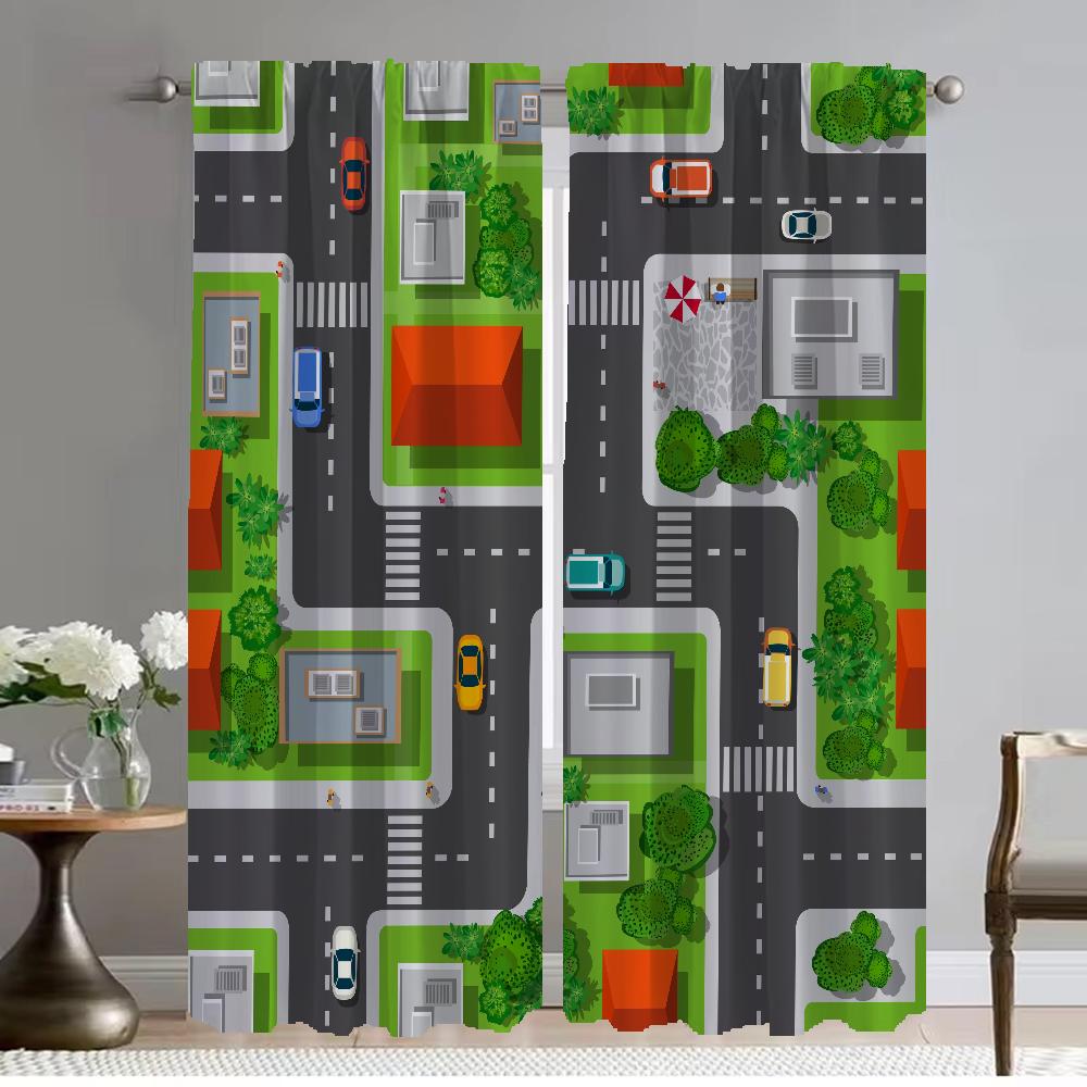 Blackout Curtain for Room 2 Panel City Road Cartoon Modern Living Room Curtains 2 Pieces Home Interior Curtains Shades Partition
