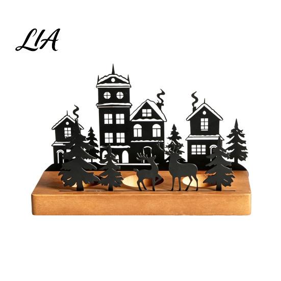 Elk Sleigh Candle Display Christmas Town Silhouette Holder, Wooden Tea Light Stand for Holiday Tabletop Decor Decoration, Metal Festive Fireplace and
