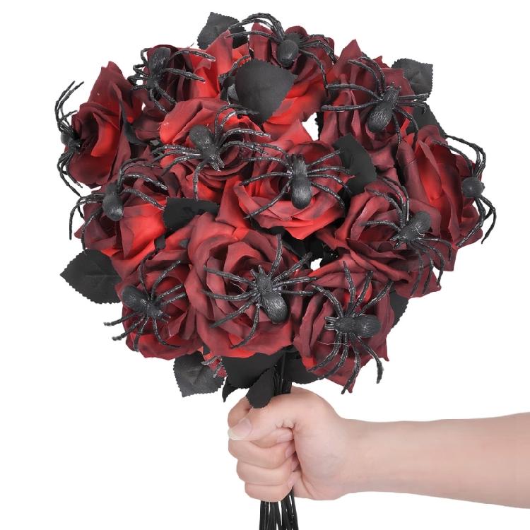 Gothics Black Spiders Artificial Rose Floral Stem For Themed Event Bendable Stalk Silk Flower For Eerie Decoration