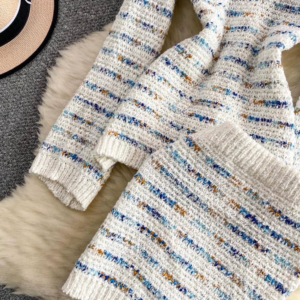 Autumn Winter Women Sweet Striped Knitted Sweater Two Piece Set Single Breasted Cardigans Tops and Mini Short Sheath Skirt Suit