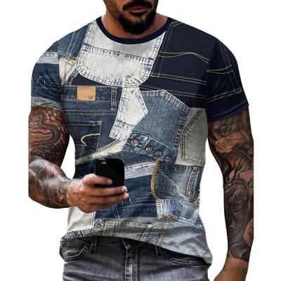 Vintage T-Shirt For Men Patchwork Denim Graphic Tees 3D Printing Short Sleeve Casual T Shirt Oversized Men's Clothing Tops