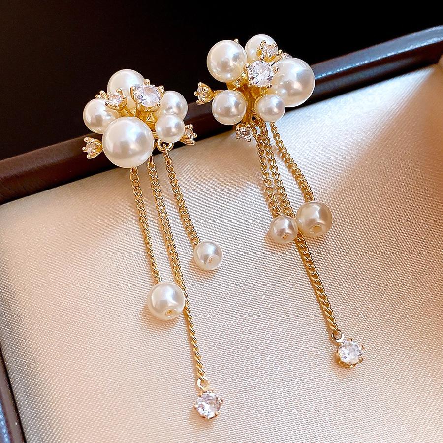 Корейские нежные геометрические серьги-гвоздики с бахромой и жемчугом, цирконы, изысканные серьги для женщин