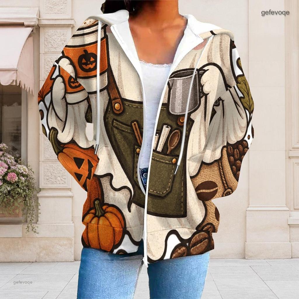 Women Plus Size Zip Up Hoodie Long Sleeve Drawstring Hood Pockets Halloween Printed Sweatshirt