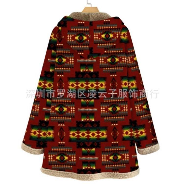 Jachetă de iarnă caldă din lână cu imprimeu retro și glugă, cu buzunare, pentru femei, mărime plus, largă, palton lung, îmbrăcăminte exterioară