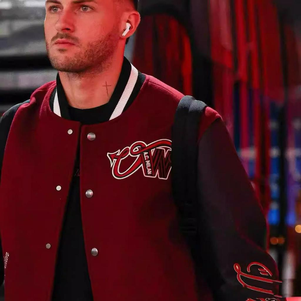 OFF25SS Trendy White & Red Leather Embroidery Baseball Jacket for Couples - Men's & Women's Short Style