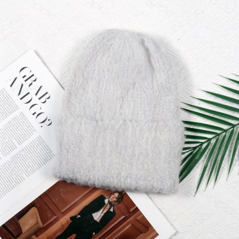 Angola rabbit fur warm solid color light board autumn and winter versatile candy color vertical stripe knitted hat women