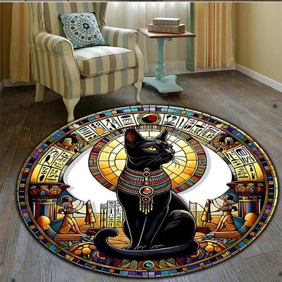 A Round, Easy-To-Clean Area Rug Featuring an Egyptian Bastet Cat Design, Suitable for Living Spaces, Bedrooms, Living Rooms, Kit