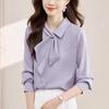 Spring and Autumn Light Mature Commuting Simple and Fashionable Ribbon Collar Loose and Versatile Solid Color Long Sleeved Shirt