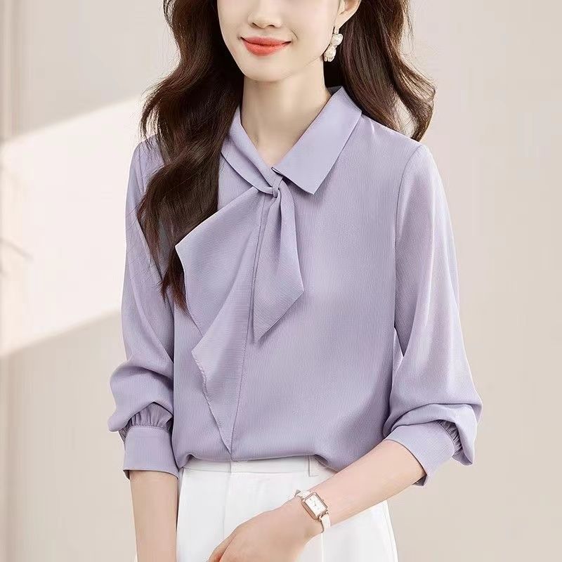 Spring and Autumn Light Mature Commuting Simple and Fashionable Ribbon Collar Loose and Versatile Solid Color Long Sleeved Shirt