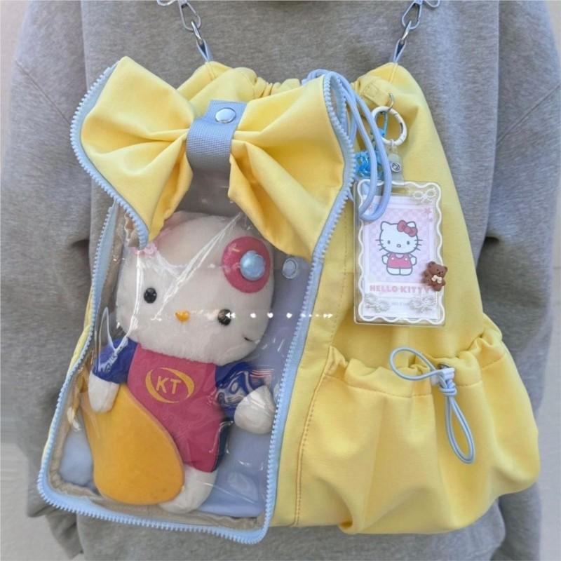 Cute Bow Backpack Ladies Drawstring Harajuku Aesthetic Ita Bag Female Wide Strap 20cm Doll Crossbody Large Capacity Cotton Bag