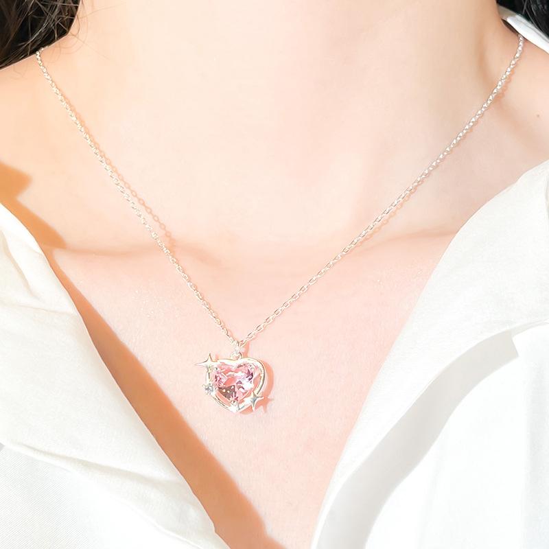 Pink Love Necklace Women's Light Luxury Retro Temperament Heart-shaped Crystal Stainless Steel Collarbone Chain Star Neck Chain