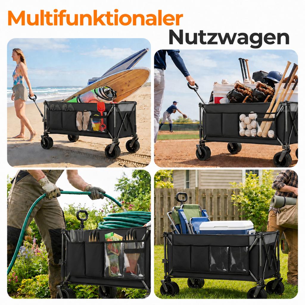 Składany wózek XXXL 300L Nośność 250 KG, Rozkładany do 130 cm, Dodatkowa szerokość 17x10 cm Koła terenowe, Opatentowany błyskawiczny montaż 4-kierunkowy, Czarny