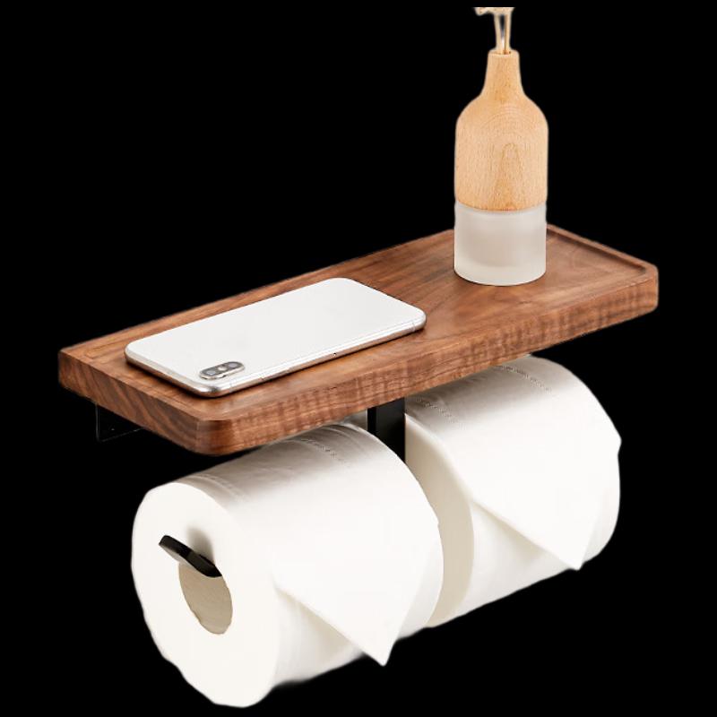 Walnut Wood Punch-Free Double Toilet Paper Holder with Storage Shelf