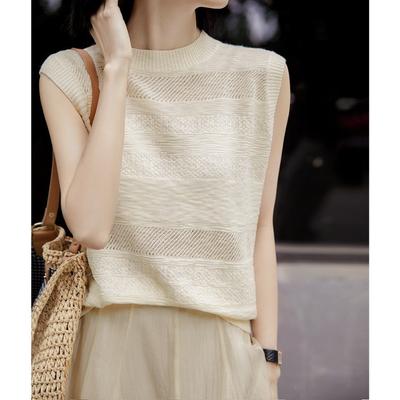 Jacquard Hollow Sleeveless T-shirt for Women's Summer Loose Thin Knitted Shirt Ice Silk Strap Tanks Top
