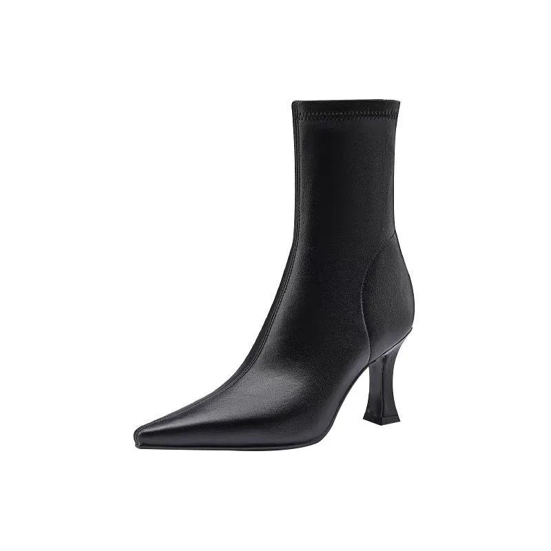 Fashion Women Pointy Brown Soft Leather Brown Elastic Boots Famele Stiletto Heels Shoes Ladies Ankle Boots Back Zipper Commuter Boots