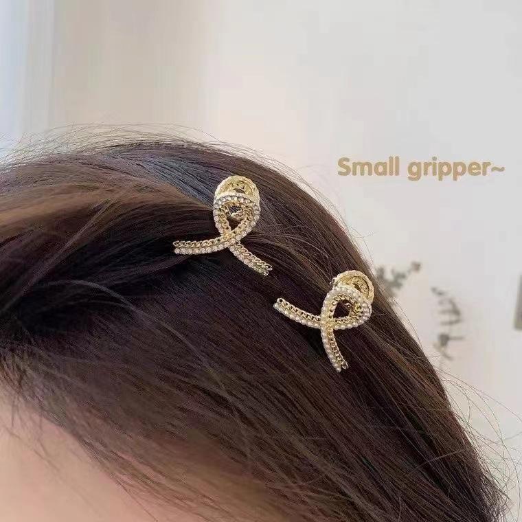 Bow Rhinestone Pearl Mini Hair Clip - Women's Small Shark Grip Hairpin