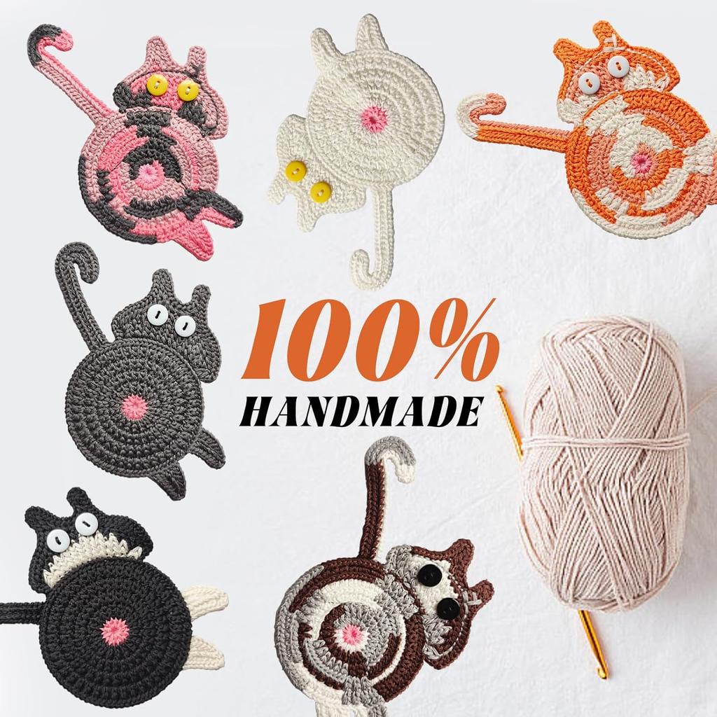 Cute Cat Cup Coasters, Gifts for Cats Lovers, Cat Coaster Woven Creative Knitted Coasters Funny Drink Insulation Coffee and Tea Coaster Table